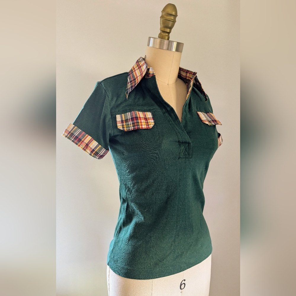 Hukapoo - Vintage 1970s Summer Camp - Green Polo Shirt With Plaid Accents